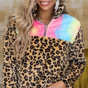 Tie Dye Fleece Sweatshirt with Leopard Splicing (21616)